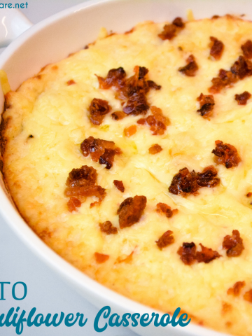 Keto cauliflower casserole is a loaded mashed cauliflower with white cheddar cheese and bacon to substitute for your mashed potatoes.