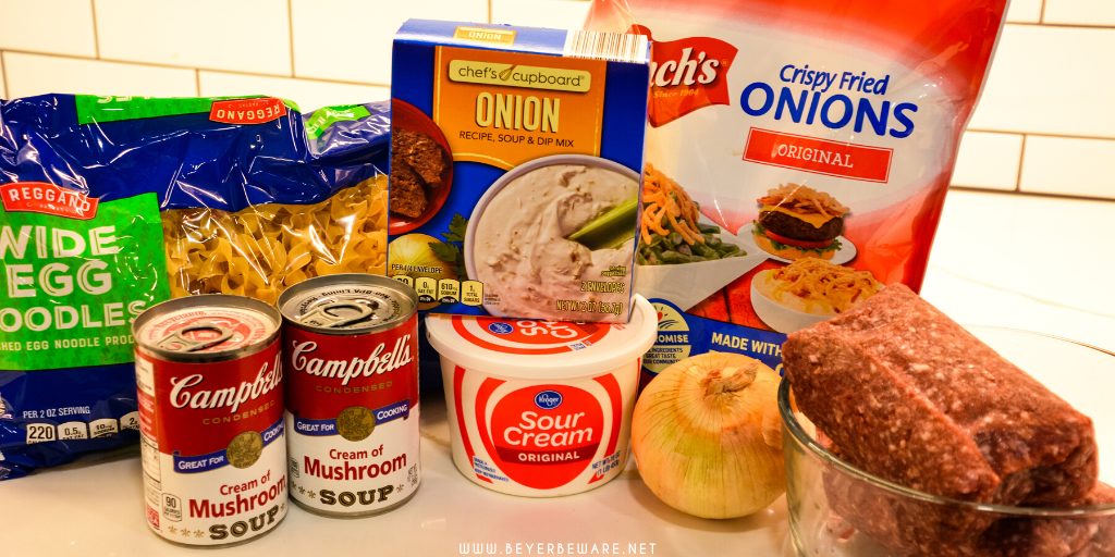 French onion ground beef casserole is an easy and hearty casserole filled with hamburger, onions, sour cream, cream of mushroom soup, noodles, and French fried onions great for a busy weeknight dinner.