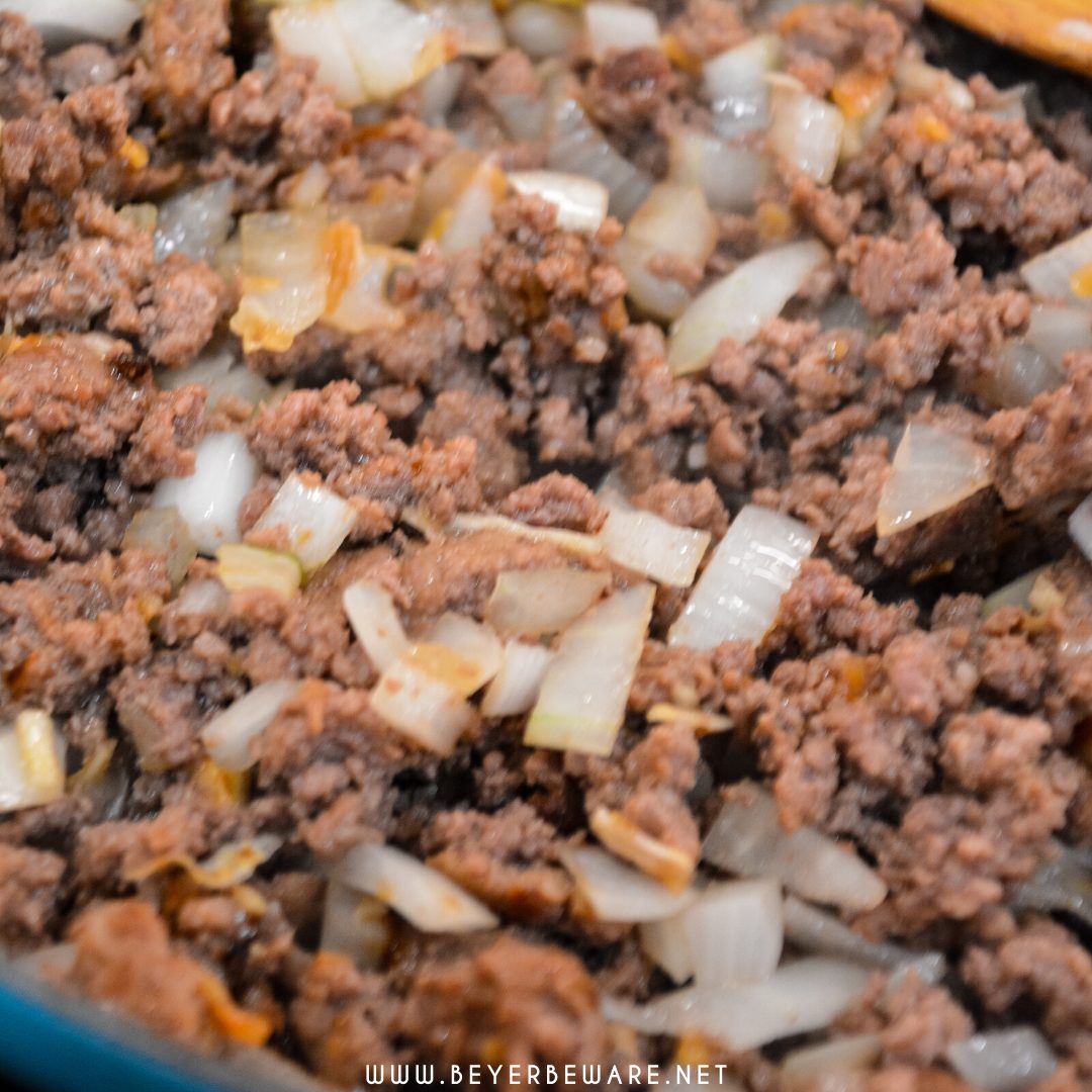 French onion ground beef casserole is an easy and hearty casserole filled with hamburger, onions, sour cream, cream of mushroom soup, noodles, and French fried onions great for a busy weeknight dinner.