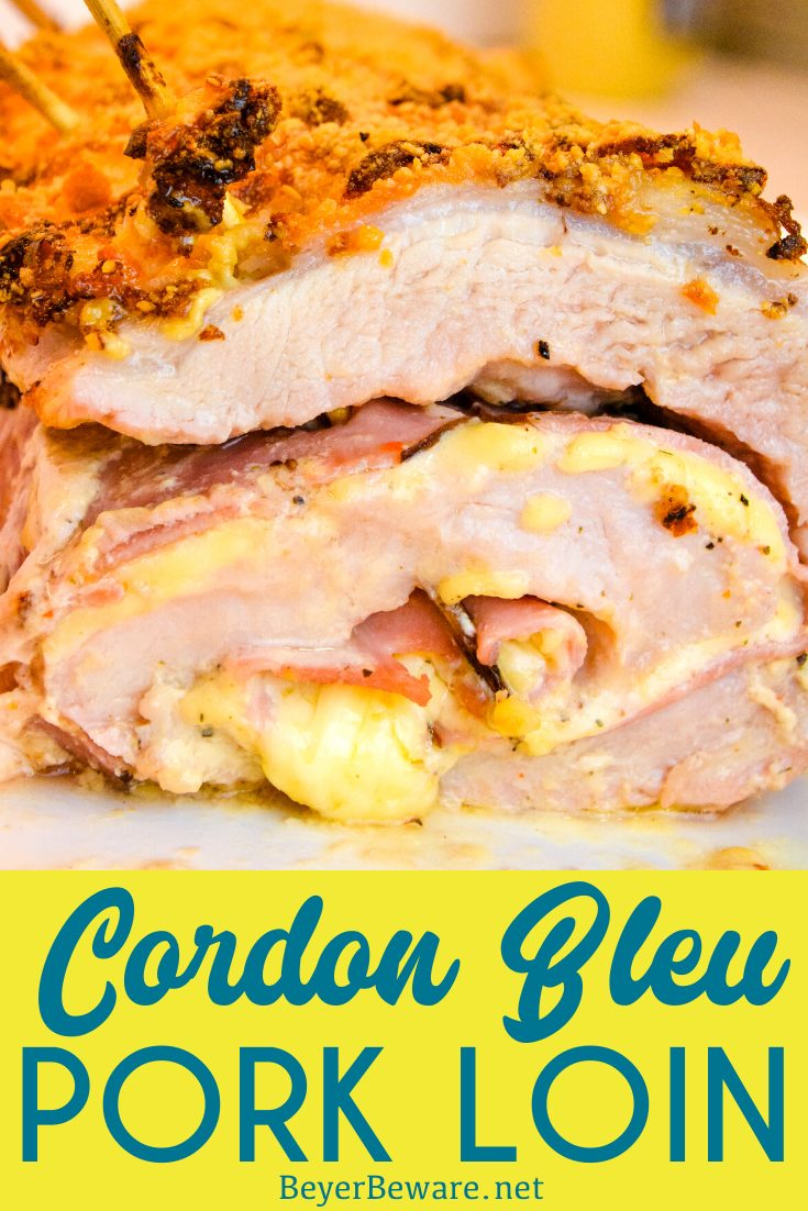 Cordon bleu pork loin recipe is stuffed full of ham and swiss cheese rolled up in a creamy mustard sauce and encrusted in a parmesan crust for an outrageously good low-carb pork loin entree. 