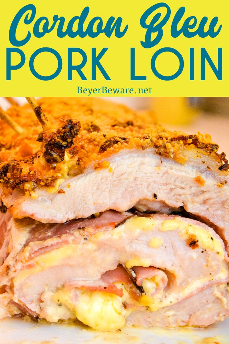 Cordon bleu pork loin recipe is stuffed full of ham and swiss cheese encase in a creamy mustard soft rolled up in the pork loin and then encrusted in a parmesan crust. 