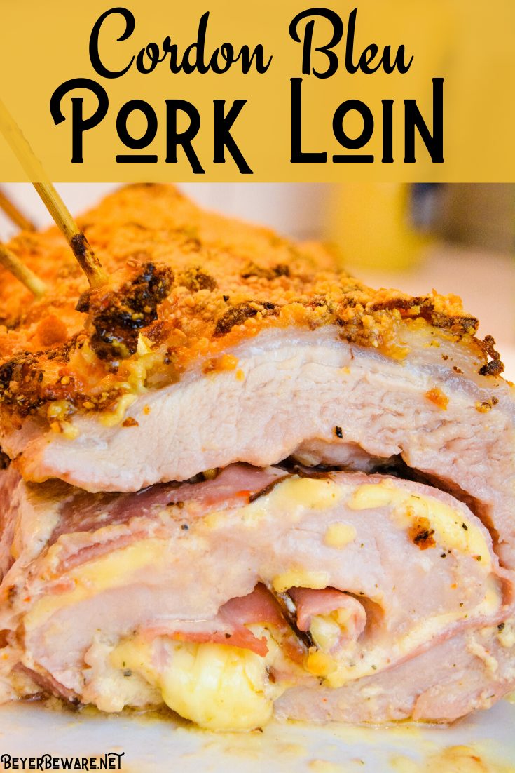 Cordon bleu pork loin recipe is stuffed full of ham and swiss cheese encase in a creamy mustard sauce rolled up in the pork loin and then encrusted in a parmesan crust. 