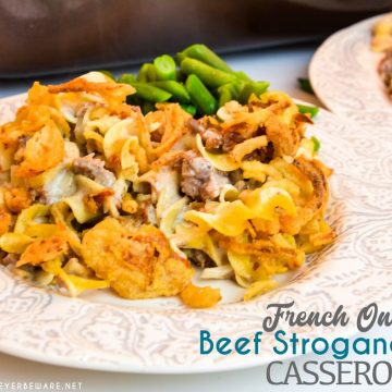 French onion ground beef casserole is an easy and hearty casserole filled with hamburger, onions, sour cream, cream of mushroom soup, noodles, and French fried onions great for a busy weeknight dinner.