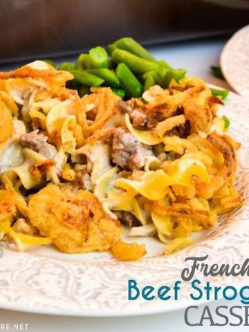 French onion ground beef casserole is an easy and hearty casserole filled with hamburger, onions, sour cream, cream of mushroom soup, noodles, and French fried onions great for a busy weeknight dinner.