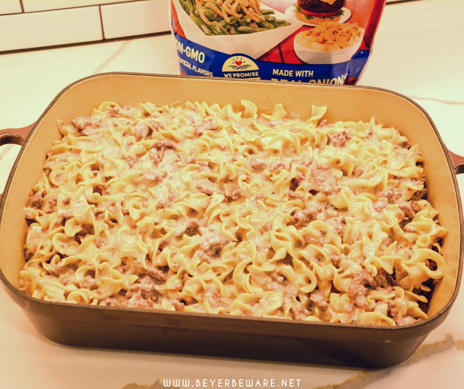 French onion ground beef casserole is an easy and hearty casserole filled with hamburger, onions, sour cream, cream of mushroom soup, noodles, and French fried onions great for a busy weeknight dinner.