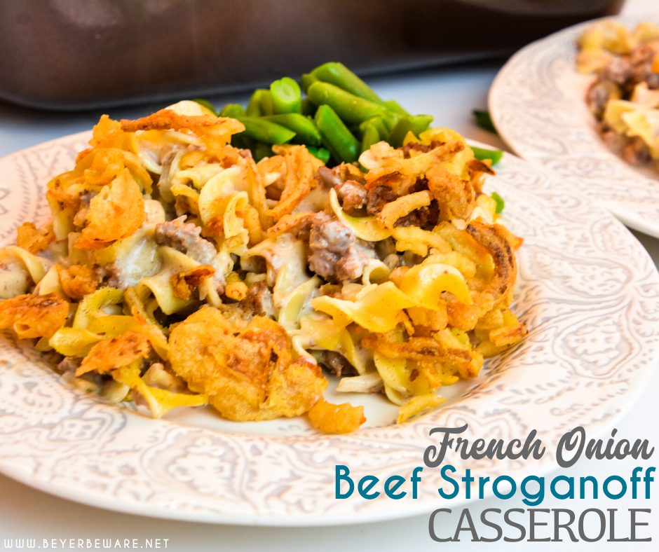 French onion ground beef casserole is an easy and hearty casserole filled with hamburger, onions, sour cream, cream of mushroom soup, noodles, and French fried onions great for a busy weeknight dinner.