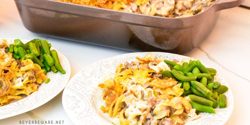 French onion ground beef casserole is an easy and hearty casserole filled with hamburger, onions, sour cream, cream of mushroom soup, noodles, and French fried onions great for a busy weeknight dinner.