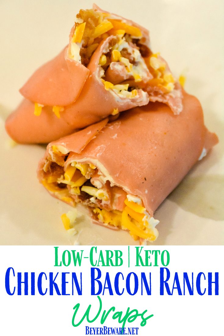 Keto chicken bacon ranch wraps are a 5-ingredient low-carb snack or appetizer that is easily put together with deli chicken slice, ranch cream cheese, cheese, and bacon.