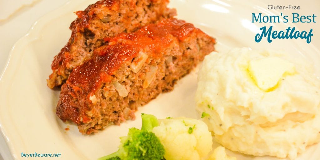 Mom's best meatloaf recipe is a gluten-free recipe as it is made with ground beef, oats, onions, eggs, milk, and a sweet and tangy glaze that is baked to perfection.