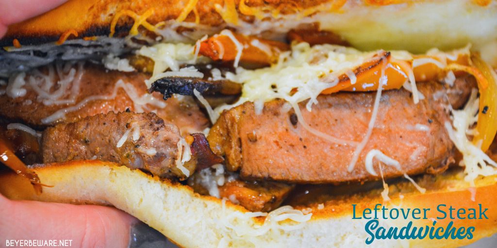 Leftover steak sandwiches are a great way to use up cooked steaks by caramelizing onions and peppers in a cast iron skillet before adding sliced steaks and mounding into a toasted hoagie roll topped off with lots of cheese. 