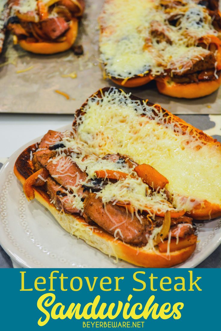 Leftover steak sandwiches are a great way to use up cooked steaks by caramelizing onions and peppers in a cast iron skillet before adding sliced steaks and mounding into a toasted hoagie roll topped off with lots of cheese.