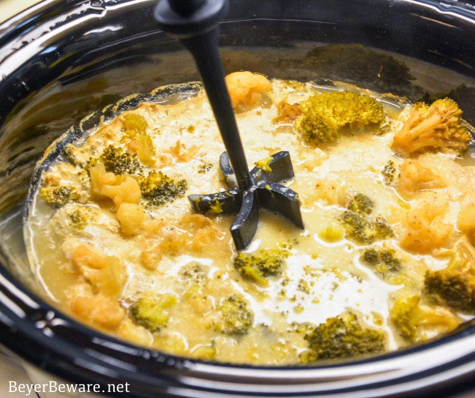 Low Carb Broccoli Cauliflower soup is the low-carb version of cheddar and broccoli soup with the help of cream cheese, heavy whipping cream, and xanthan gum to make the broccoli and cauliflower come together for a creamy low-carb soup.