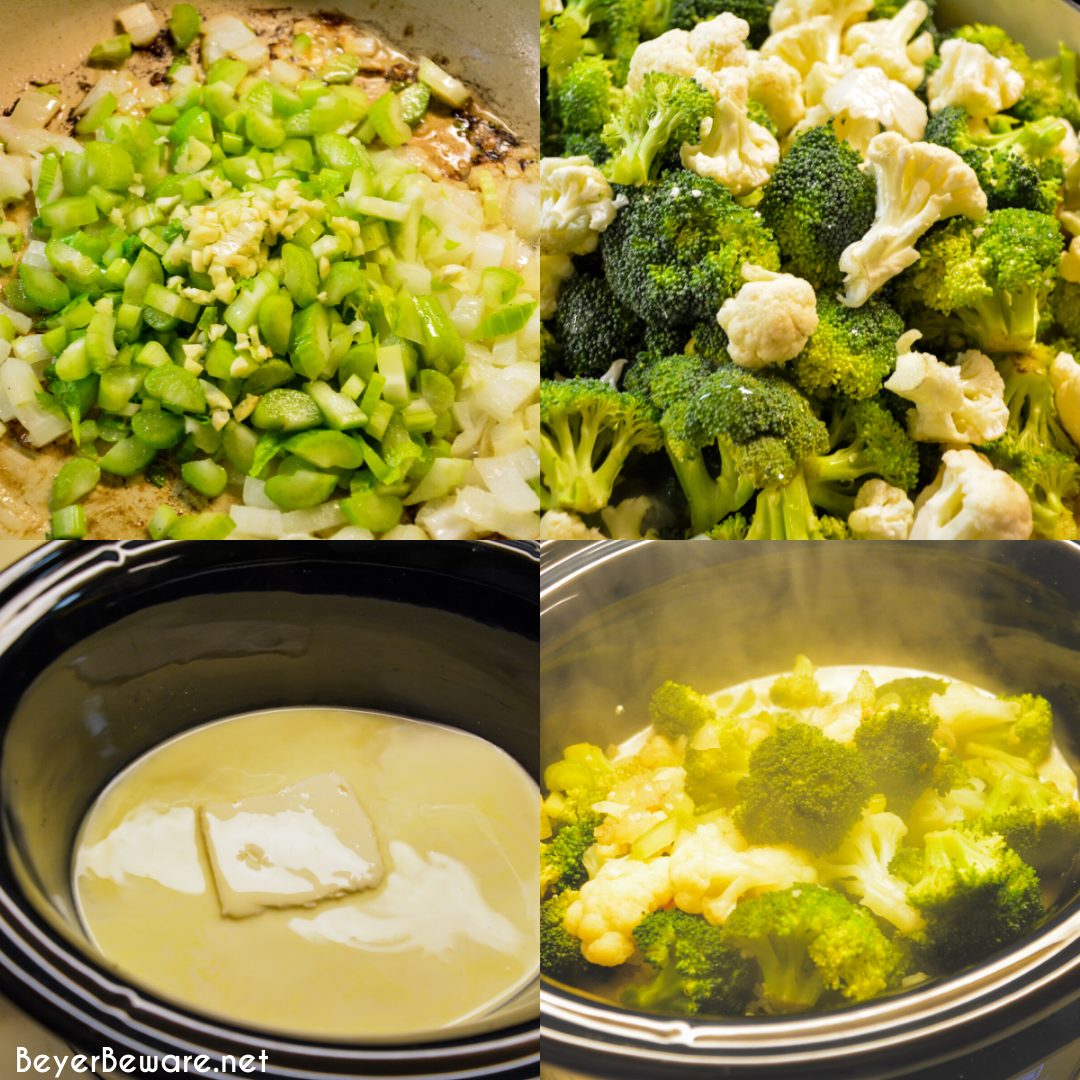 Keto Broccoli Cauliflower soup is the low-carb version of cheddar and broccoli soup with the help of cream cheese, heavy whipping cream, and xanthan gum to make the broccoli and cauliflower come together for a creamy low-carb soup.