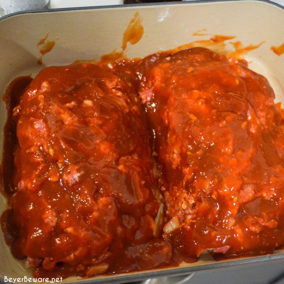 Mom's best meatloaf recipe is a gluten-free recipe as it is made with ground beef, oats, onions, eggs, milk, and a sweet and tangy glaze that is baked to perfection.