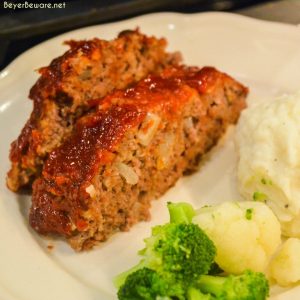 Mom's best meatloaf recipe is a gluten-free recipe as it is made with ground beef, oats, onions, eggs, milk, and a sweet and tangy glaze that is baked to perfection.