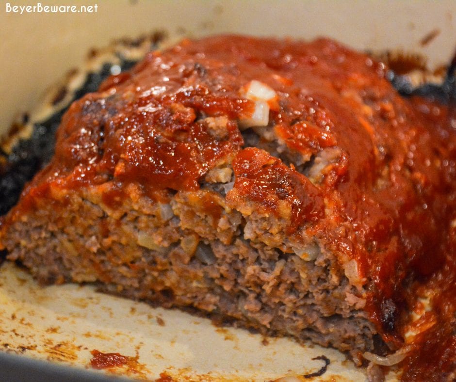 Mom's best meatloaf recipe is a gluten-free recipe as it is made with ground beef, oats, onions, eggs, milk, and a sweet and tangy glaze that is baked to perfection.