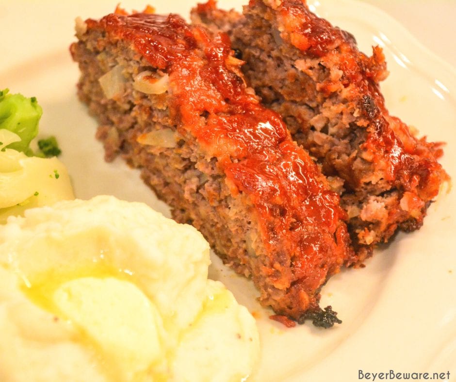 Mom's best meatloaf recipe is a gluten-free recipe as it is made with ground beef, oats, onions, eggs, milk, and a sweet and tangy glaze that is baked to perfection.