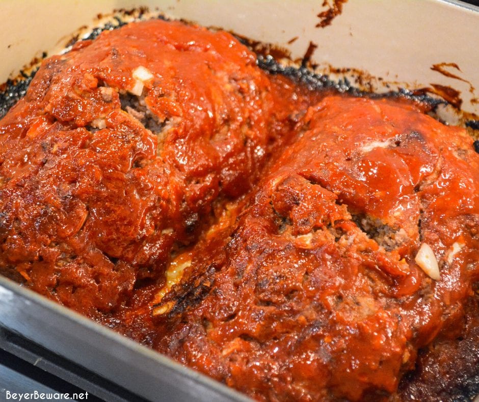 Mom's best meatloaf recipe is a gluten-free recipe as it is made with ground beef, oats, onions, eggs, milk, and a sweet and tangy glaze that is baked to perfection.