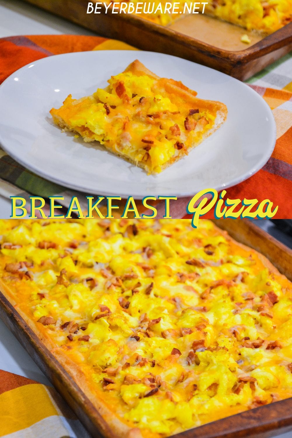 Cheesy bacon breakfast pizza is made with a refrigerated pizza crust, cheese sauce, scrambled egg, and bacon topped off with more cheese and garlic butter for a decadent breakfast treat.