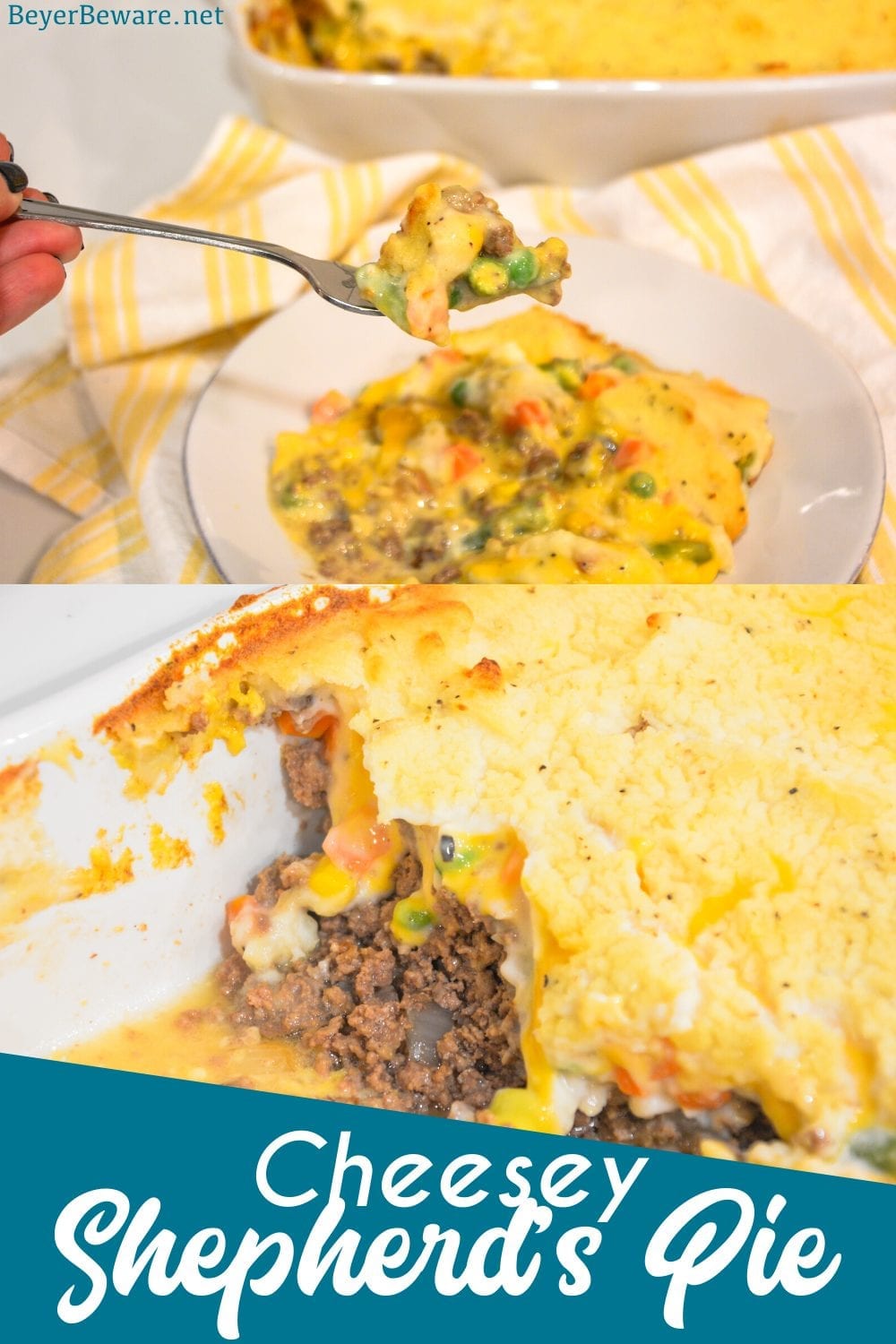 Cheesy Shepherd's Pie is a ground beef casserole filled with mixed vegetables, cheese, cream of mushroom soup, and topped off with mashed potatoes.