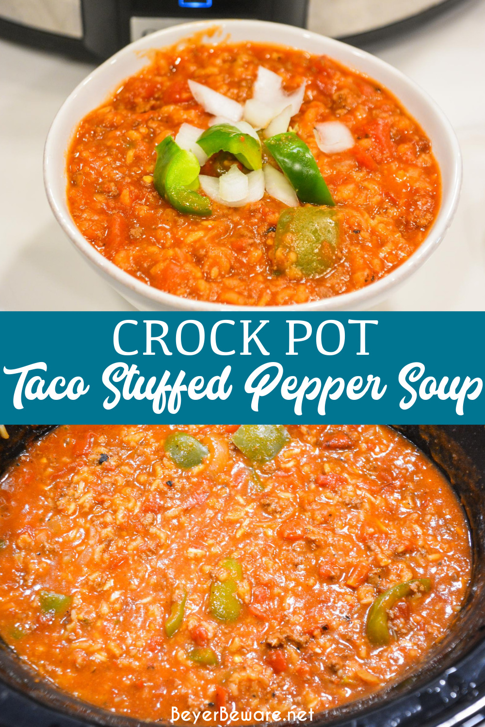 Crock pot taco hamburger and rice soup is a taco-seasoned stuffed pepper soup with a tomato base, rice, bell peppers, onions, and ground beef and slow-cooked to a delicious, hearty soup. 