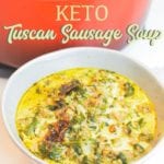 Keto Tuscan sausage soup is a creamy spicy sausage soup with plenty of spinach, sun-dried tomatoes, and spice for an easy and satisfying low-carb soup.