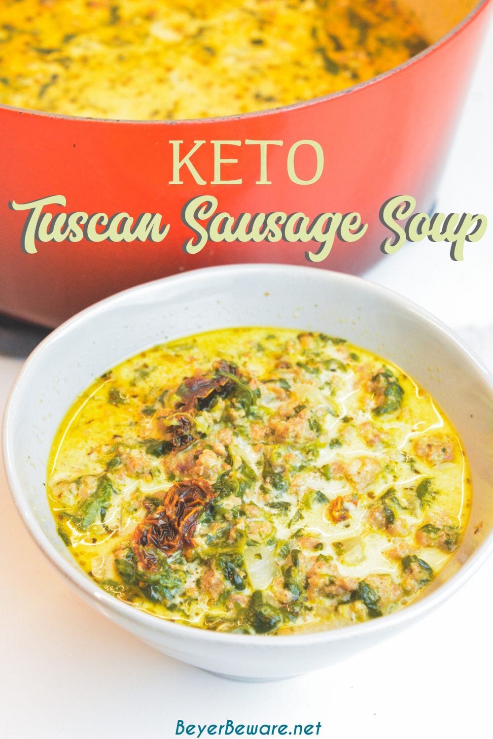 Keto Tuscan sausage soup is a creamy spicy sausage soup with plenty of spinach, sun-dried tomatoes, and spice for an easy and satisfying low-carb soup.