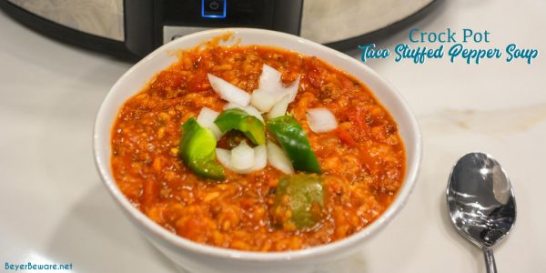 Crock pot taco hamburger and rice soup is a taco-seasoned stuffed pepper soup with a tomato base, rice, bell peppers, onions, and ground beef and slow-cooked to a delicious, hearty soup.