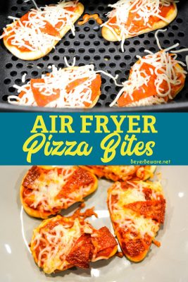 Air fryer pizza bites on naan bread are a simple snack or lunch made with naan bites, pizza sauce, pepperoni, and cheese and cook quickly in the air fryer or Ninja Foodi.
