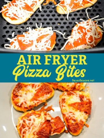 Air fryer pizza bites on naan bread are a simple snack or lunch made with naan bites, pizza sauce, pepperoni, and cheese and cook quickly in the air fryer or Ninja Foodi.