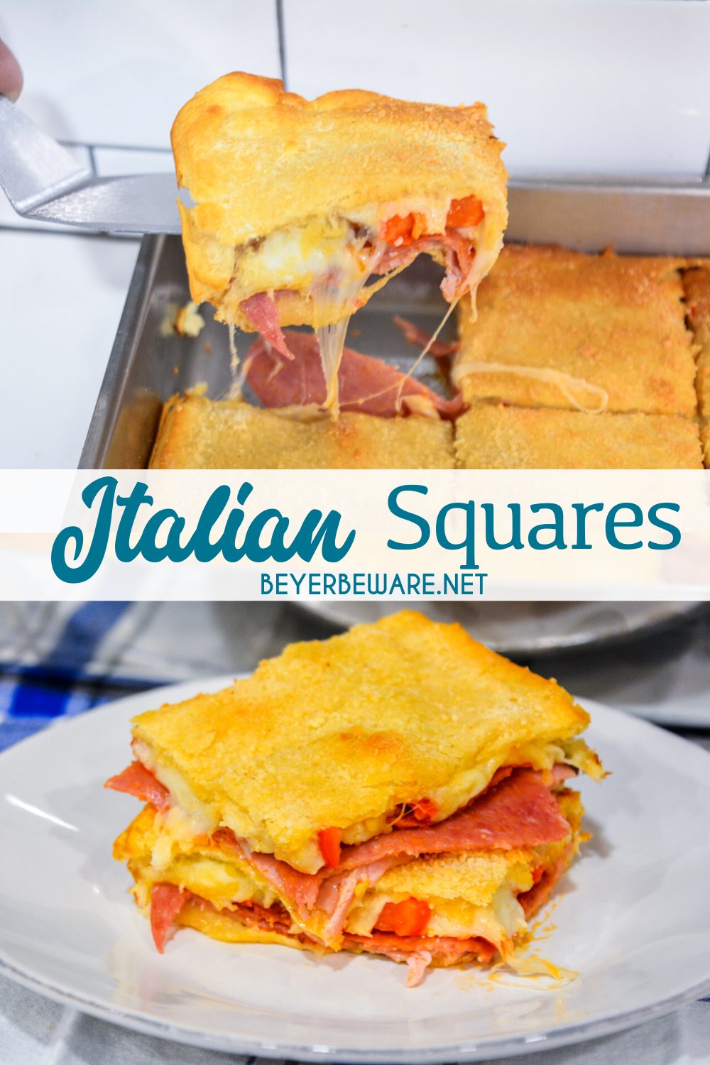 Italian squares are antipasto stuffed crescent rolls that are made with two sheets of a crescent roll dough, ham, salami, pepperoni, pepper rings, and cheese then baked to perfection.