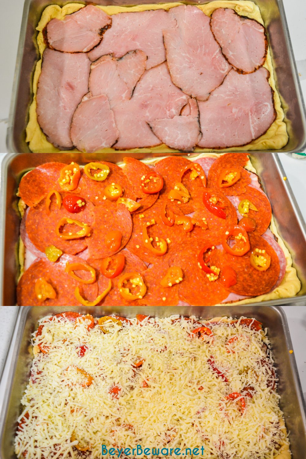 Italian squares are antipasto stuffed crescent rolls that are made with two sheets of a crescent roll dough, ham, salami, pepperoni, pepper rings, and cheese then baked to perfection.