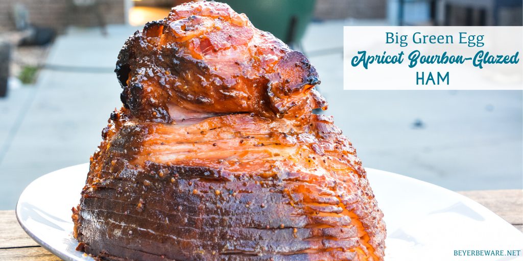 Apricot bourbon-glazed ham on the grill is a sweet and salty combination of flavors with apricot jam, mustard, maple syrup, lemon juice, and bourbon and then smoke drenched on the Big Green Egg.