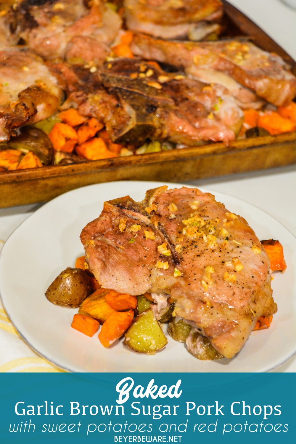 Sheet pan pork chops, sweet potatoes, and red potatoes are a garlic brown sugar pork chops recipe baked on top of roasted sweet potatoes and red potatoes.