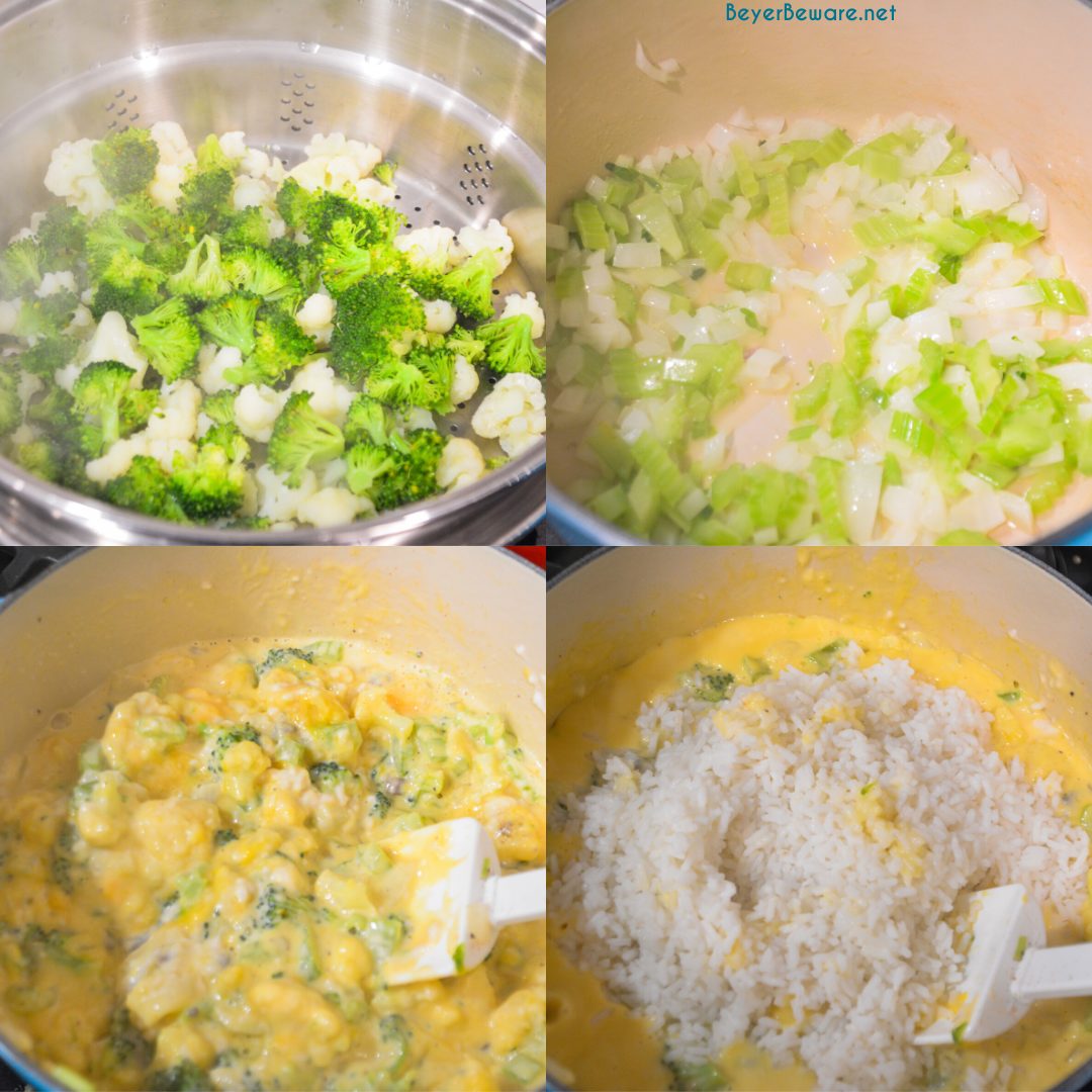 Cheesy ham, broccoli, and rice casserole quickly combined steamed broccoli and cauliflower, diced onions and celery, minute rice, and creamy cheese sauce.