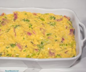 Cheesy ham, broccoli, and rice casserole quickly combined steamed broccoli and cauliflower, diced onions and celery, minute rice, and creamy cheese sauce.