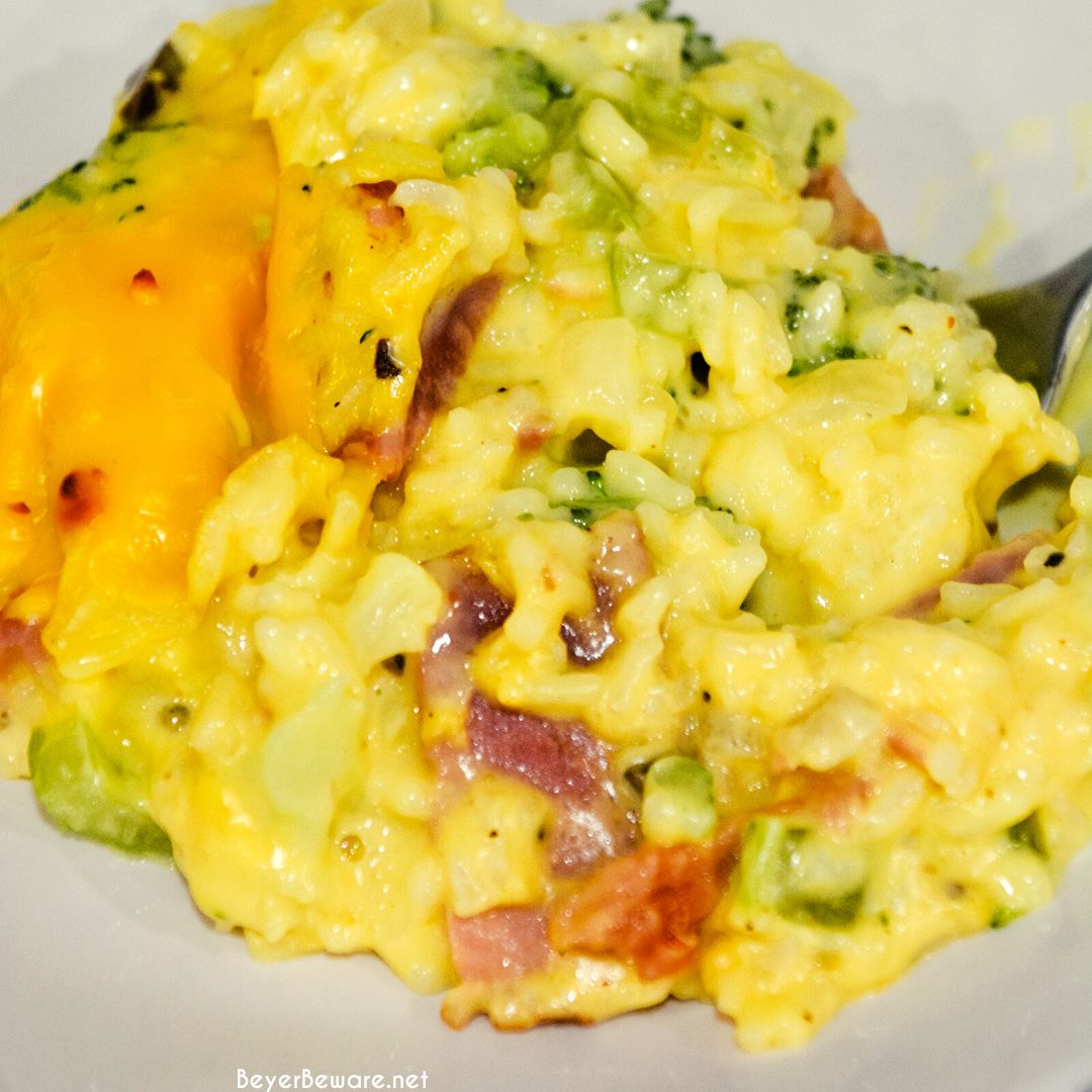 Cheesy ham, broccoli, and rice casserole quickly combined steamed broccoli and cauliflower, diced onions and celery, minute rice, and creamy cheese sauce.