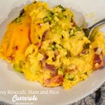 Cheesy ham, broccoli, and rice casserole quickly combined steamed broccoli and cauliflower, diced onions and celery, minute rice, and creamy cheese sauce.