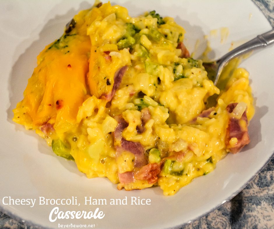 Cheesy ham, broccoli, and rice casserole quickly combined steamed broccoli and cauliflower, diced onions and celery, minute rice, and creamy cheese sauce.