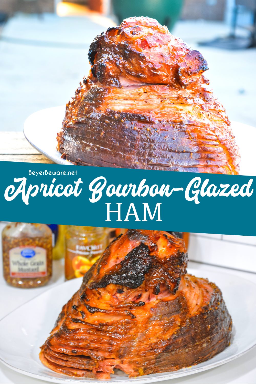 Apricot bourbon-glazed ham on the grill is a sweet and salty combination of flavors with apricot jam, mustard, maple syrup, lemon juice, and bourbon and then smoke drenched on the Big Green Egg.