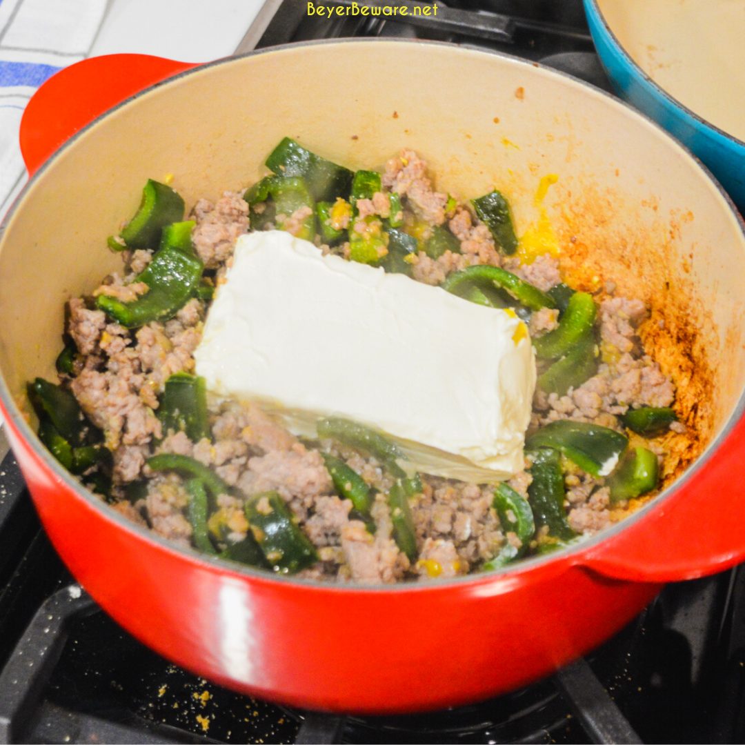 Low-carb chile Rellenos soup is a creamy keto Mexican soup recipe combining queso and cream cheese, ground pork, taco seasonings, and poblano peppers. This is poblano pepper and sausage soup is full of flavors just like your favorite chile Rellenos at your favorite Mexican restaurant.