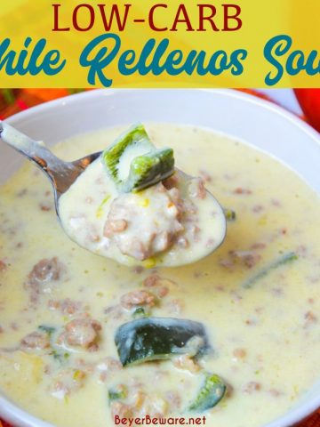 Low-carb chile Rellenos soup is a creamy keto Mexican soup recipe combining queso and cream cheese, ground pork, taco seasonings, and poblano peppers. This is poblano pepper and sausage soup is full of flavors just like your favorite chile Rellenos at your favorite Mexican restaurant.