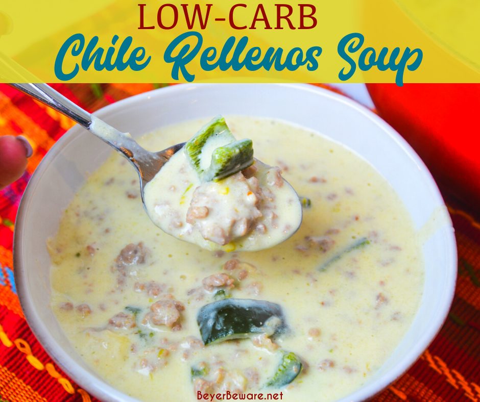 Low-carb chile Rellenos soup is a creamy keto Mexican soup recipe combining queso and cream cheese, ground pork, taco seasonings, and poblano peppers. This is poblano pepper and sausage soup is full of flavors just like your favorite chile Rellenos at your favorite Mexican restaurant.