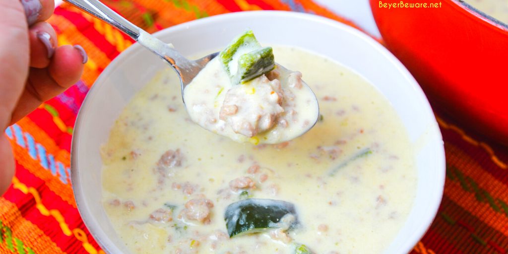 Low-carb chile Rellenos soup is a creamy keto Mexican soup recipe combining queso and cream cheese, ground pork, taco seasonings, and poblano peppers. This is poblano pepper and sausage soup is full of flavors just like your favorite chile Rellenos at your favorite Mexican restaurant.