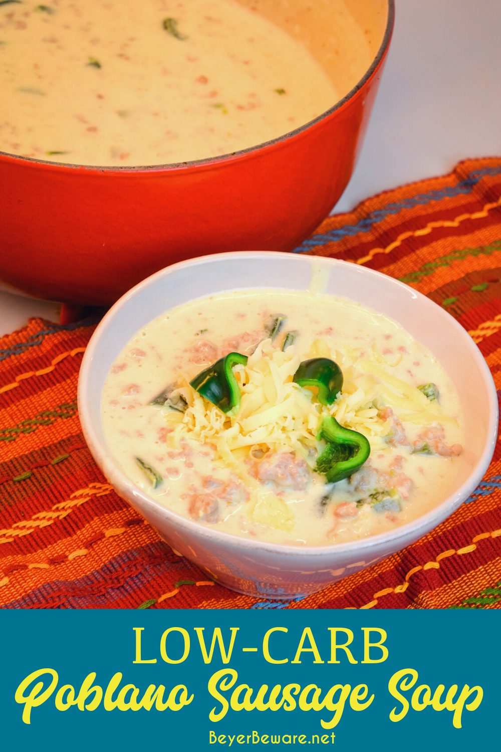 Low-carb chile Rellenos soup is a creamy keto Mexican soup recipe combining queso and cream cheese, ground pork, taco seasonings, and poblano peppers. This is poblano pepper and sausage soup is full of flavors just like your favorite chile Rellenos at your favorite Mexican restaurant.