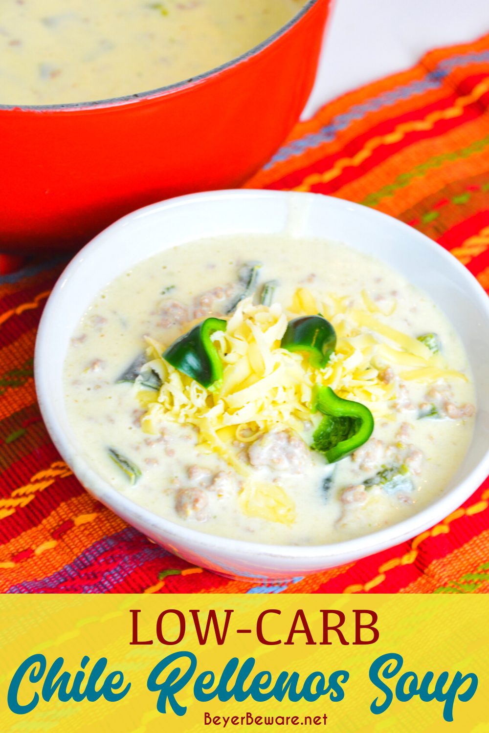 Low-carb chile Rellenos soup is a creamy keto Mexican soup recipe combining queso and cream cheese, ground pork, taco seasonings, and poblano peppers. This is poblano pepper and sausage soup is full of flavors just like your favorite chile Rellenos at your favorite Mexican restaurant.