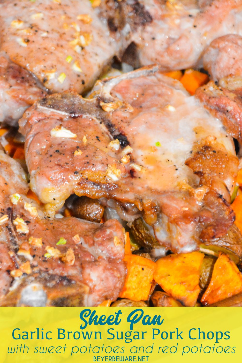 Sheet pan pork chops, sweet potatoes, and red potatoes are a garlic brown sugar pork chops recipe baked on top of roasted sweet potatoes and red potatoes.