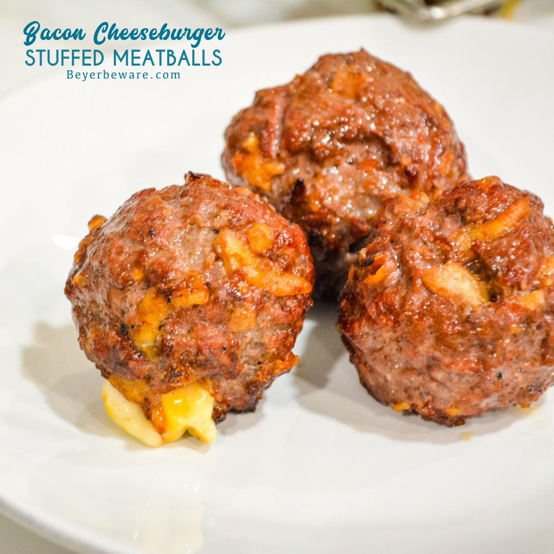 Bacon cheeseburger stuffed meatballs on the grill are the perfect grilled meatball made with bacon bits, fried onions, ground beef, and a cube of Colby jack cheese.