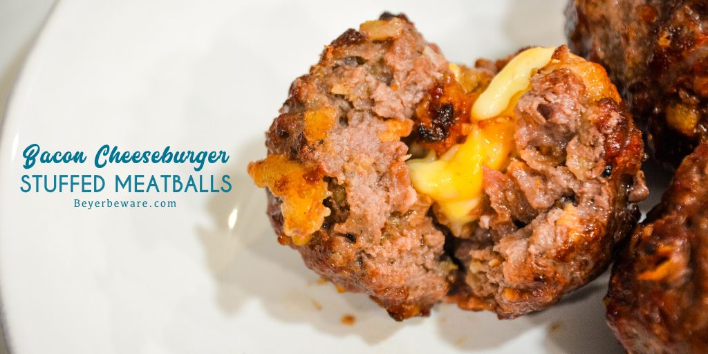 Bacon cheeseburger stuffed meatballs on the grill are the perfect grilled meatball made with bacon bits, fried onions, ground beef, and a cube of Colby jack cheese.