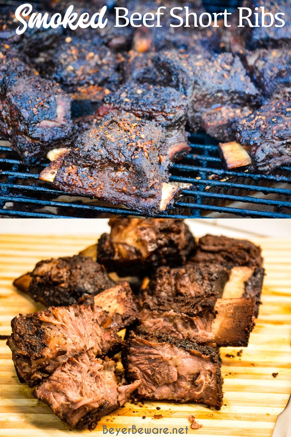 Grilled beef short ribs on the Big Green Egg are smoked with a beef barbecue rub and then slow-cooked to their final temperature in a bath of red wine, butter, and beef broth. 